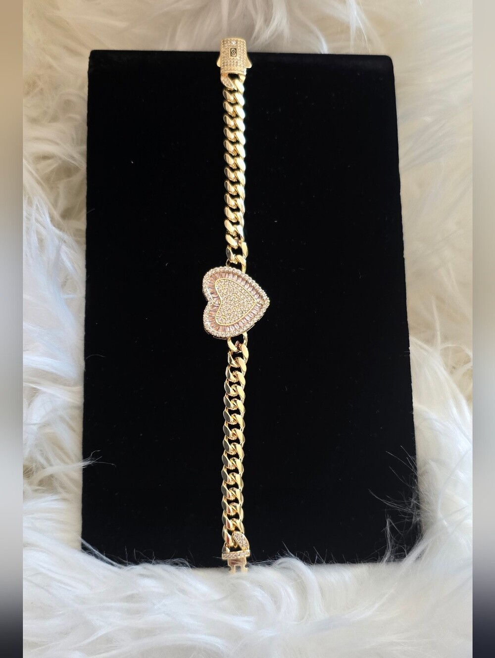 🔥8"Gold Plated Shiny Pink Heart Pave Bracelet